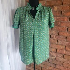 Max Studio Women's Green V-Neck Ruffle Flutter Short Sleeve Blouse - Size S